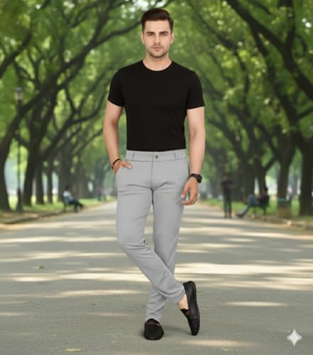 Image of Men's Classic Track Pants, Slim Fit, Lycra Blend Stretchable Business Casual Dress Pants, 4 Pockets, Button and Zipper Closure
