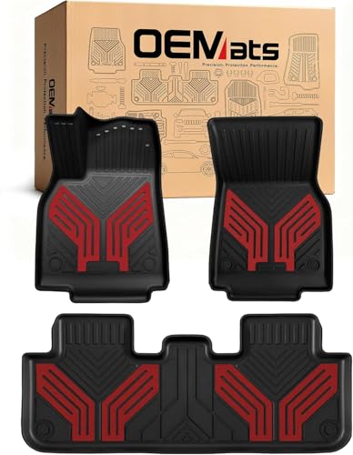 Image of Premium Color TPE Floor Mats 3-PCS Custom Fit for Tesla Model Y Juniper Accessories 2025 2026 | Not Just Black, Racing Red Wing Design | Car Mat Full Set Front & Rear | All-Weather Protection