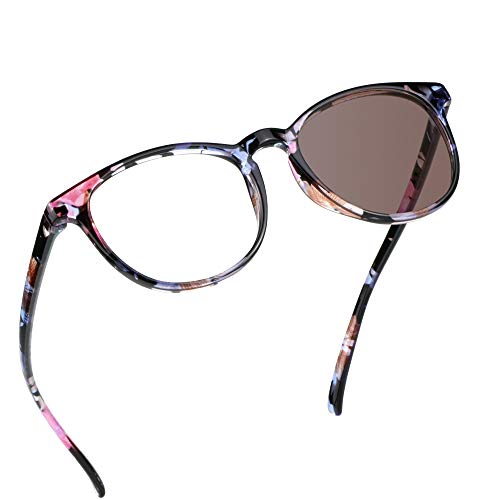 Image of YEIN Blue Light Blocking Glasses, Spring Hinge Photochromic Brown Sunglasses, Computer Reading Glasses, Gaming Glasses, TV Glasses for Women Men(Pink Floral,+0.50 Magnification)
