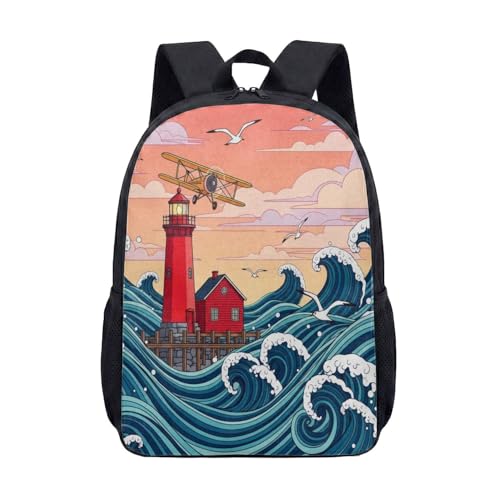 Mochila Lighthouse Wave Night Sea 43 cm, bolsa de viagem com estampa de gaivota com tema náutico para homens e mulheres, 04, Large, Mochila estampada