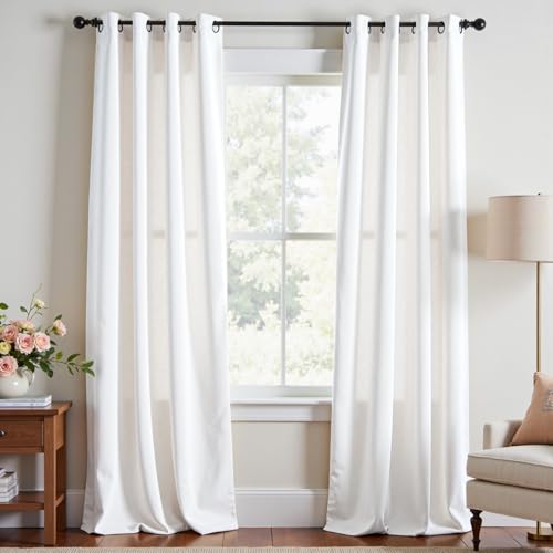 Lazzzy Velvet White Light Filtering Thermal Insulated Curtains 90 Inch Length, Grommet Window Drapes for Bedroom Living Room Luxury Window Treatment, Set of 2