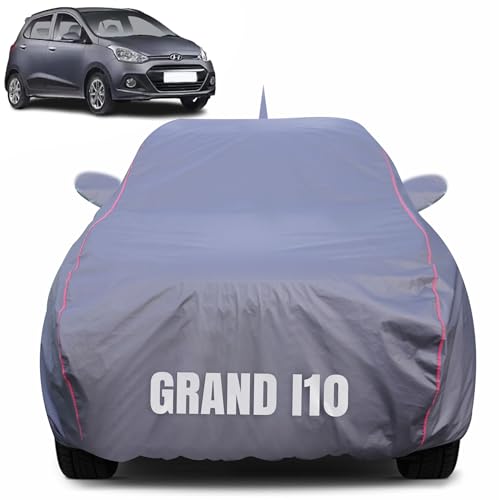 Image of 100% Waterproof Car Body Cover for Hyundai Grand i10 (2007-2013) with Mirror Pocket (Heat & UV Resistant, Triple Stitched, Soft Lining, Bottom Elastic & Piping) Grey