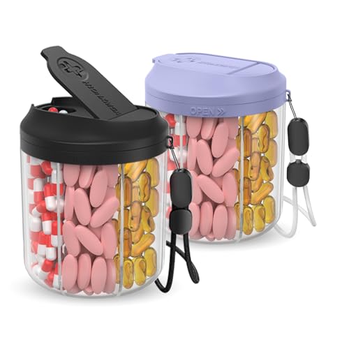 Image of Hionxmga Pill Dispenser with 7 Large Compartments, Pill Organizer for Travel, Supplement Organizer with Anti-Mixing Design, BPA-Free Pill Container with 20 Pcs Labels, Purple+Black