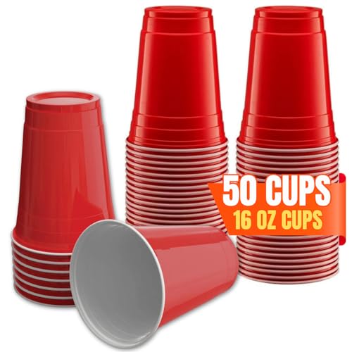1InTheHome Red Cups 16 oz, Plastic Red Party Cups 16 oz Disposable, 50 Pack