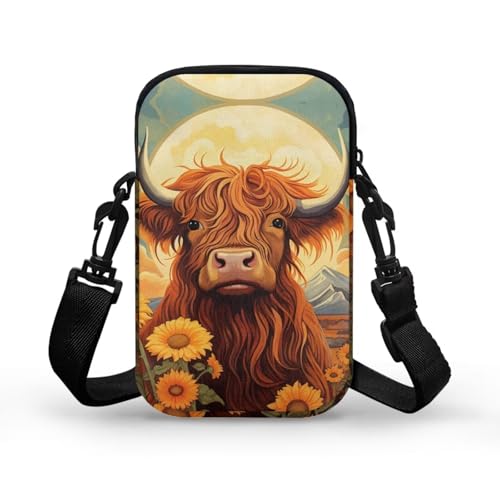 Image of Xpyiqun Highland Cow Phone Bag Crossbody Purses for Women Mini Cross Body Bag Sunflower Canvas Over Shoulder Handbag Messenger Pouch Work Satchel Travel Wallet Organizer Zipper Pocket