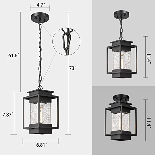 Gooray Outdoor Pendant Light, 11.4" Waterproof Aluminum Outdoor Hanging Light Fixture, Exterior Hanging Lantern Porch Light With Adjustable Chain, Sanded Black Aluminum With Clear Crack Glass #TOP5