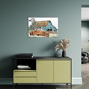 Apicoture Farmhouse Decor Wall Art Teal Barn Red Truck Windmill Pictures Canvas Paintings Rustic Country Landscape Artwork Wall Decor Framed Red