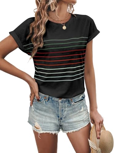 Loaribe Shirts for Women Summer Tops Crew Neck Striped Short Dolman Sleeve T Shirts Trendy Beach Vacation Clothes Cute Casual Comfy Tee 2026 Spring Essentials Blouses Fashion Business Outfits, Black,L