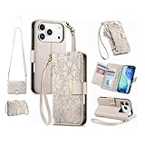 Yopeqok Crossbody Wallet Case for iPhone 17Pro Max, Wrist Strap & AdjustableShoulder Lanyard PU Leather Magnetic Snap Flip Wrist Strap Zipper Folio Flip Kickstand for Women
