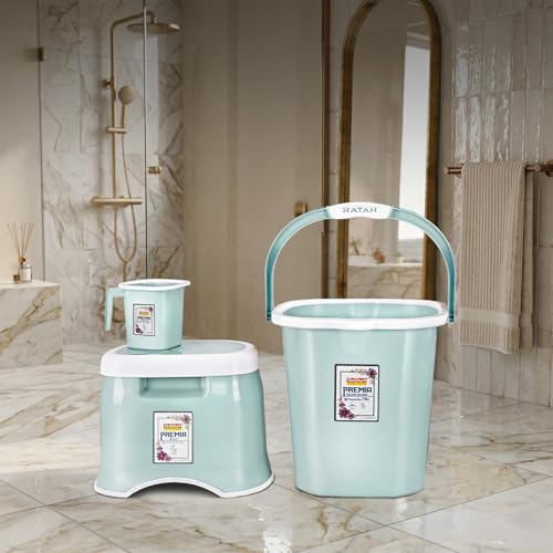 Image of RATAN PLASTICWARE Premia Bathroom Set (Bucket 18L X 1) + (Mug 1.5L X 1) + (Small Stool X 1) - Mint|Light Weight and Easy to Carry|Perfect for Use in Bathrooms, Kitchen & Wet Utility Areas