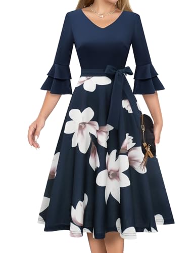 Image of DRESSTELLS Women's Cocktail Dress Summer Wedding Guest Party Vintage 3 /4 Bell Sleeve V Neck A-Line Dress