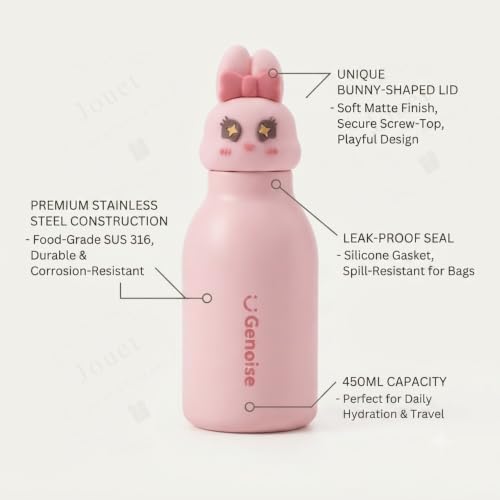 Image of JOUET Kids Stainless Steel Water Bottle 450ml with Pink Bunny Character Lid, Leakproof Straw Bottle for School, Travel & Daily Use