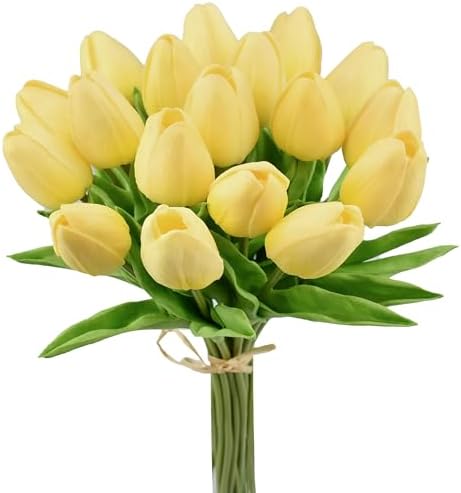 Mandy's Artificial Tulips 20 Stems Light Yellow PU Faux Flowers f...