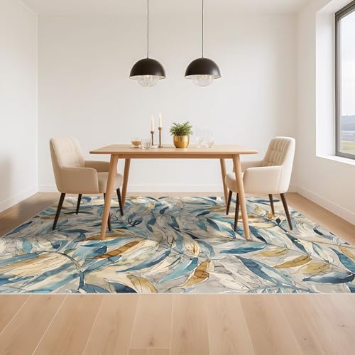 Tapis descente de lit design abstrait de feuilles bleu gris élégant