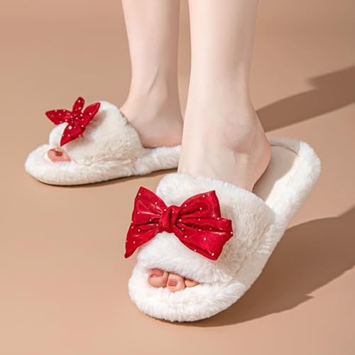 Cute Bow House Women's Slippers - Open Toe Warm Plush Fluffly Non-Slip Sole Indoor2