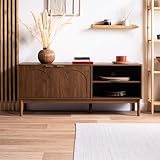 Sicaan Meuble TV Scandinave Nolan 140x40x60 cm 1,4x0,4x0,6 m Noyer MDF Design Moderne Rangement 2 Portes 4 Niches Salon Élégant Résistant Haute Qualité Charge 50 kg Pieds Pin