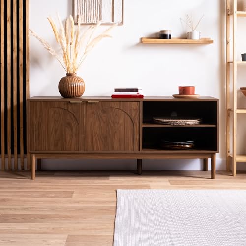 CASANOOV Meuble TV Scandinave Nolan 140x40x60 cm 1,4x0,4x0,6 m Noyer MDF Design Moderne Rangement 2 Portes 4 Niches Salon Élégant Résistant Haute Qualité Charge 50 kg Pieds Pin