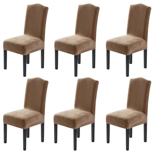 H.VERSAILTEX Velvet Dining Chair Covers Stretch Chair Covers for Dining Room Set of 6 Parson Chair Slipcovers Chair Protectors Covers Dining, Soft Thick Solid Velvet Fabric Washable, Camel