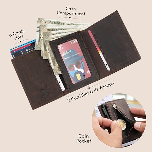 Image of The X Project Staggo Trifold Wallet | Premium Genuine Leather | Aluminium Cardholder | Side Slide Pop-Up Card Ejector | Carry Up to 6 Cards and 1 Slot for Carrying Cash & Folded Bills (Brown)