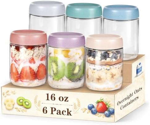 6 Pack Overnight Oats Containers with Lids, 16oz Wide Mouth Mason...