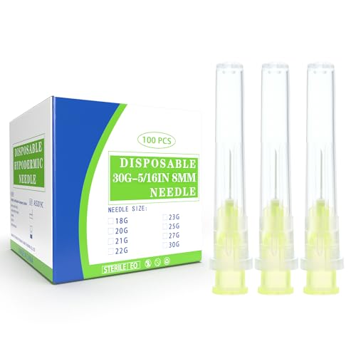 100 Pack 30Ga 5/16 Inch Disposable Injection Needle with Cap for Scientific and Industrial Dispensing, Individually Sealed