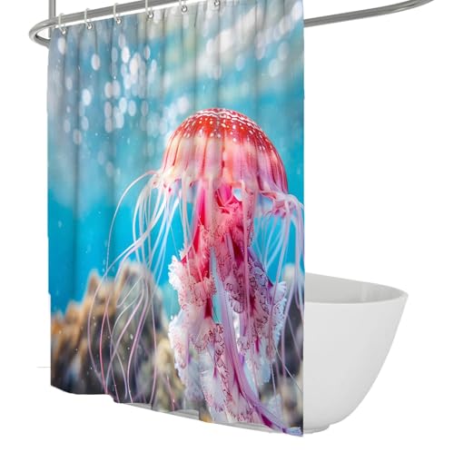 MUKULING Marine Life Shower Curtains Modern Coral Red Jellyfish Ocean Rocks Aqua Blue Polyester Shower Curtain Set with Hooks Aquarium Style Decor W42xL72in