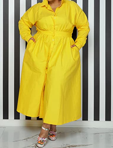 Women's Plus Size Long Sleeve Shirts Dress Buttons Down Side Slit Maxi Dresses Yellow 2X #TOP2