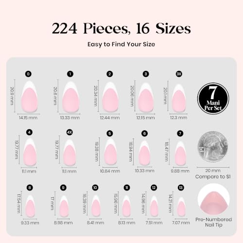 Image of Beetles French Tips Press On Nails: 224 Pcs Pink Short Almond Press On Nails, Reusable Acrylic Nail Tips Soft Nail Gel Tips False Nails Art DIY for Women,16 Sizes