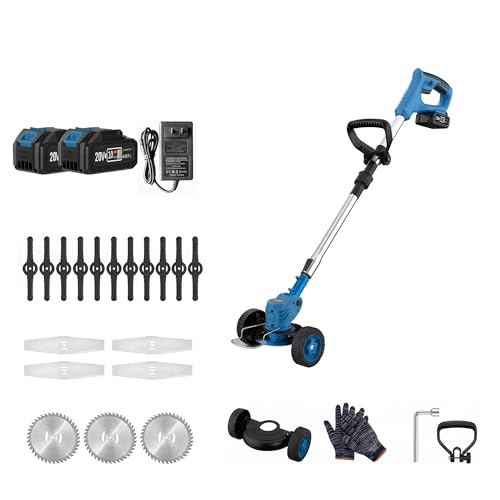 FIREHELP-20V Max Brushless String Trimmer Edger with Dual Batteries, Adjustable Telescopic Shaft, 3 Mode Cutting (Trimmer/Edger/Mower) (Sky Blue + Wheel Kit)