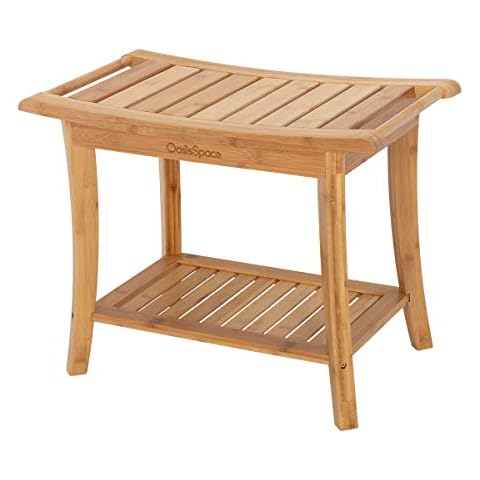 OasisSpace Bamboo Shower Bench, 24" Waterproof Shower Chair with Storage Shelf, Wood Spa Bath Organizer Seat Stool, Perfect for Indoor or Outdoor Cover