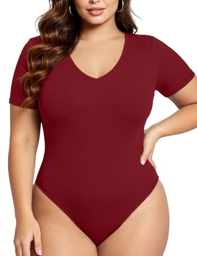 Image of COOTRY Plus Size Short Sleeve Bodysuit For Women V Neck One Piece Body Suit | Breathable Stretch&Lightweight,Basic Slim Fit Shirts Tops,Plus Size Casual Leotards For Dating Travel Daily Outfits