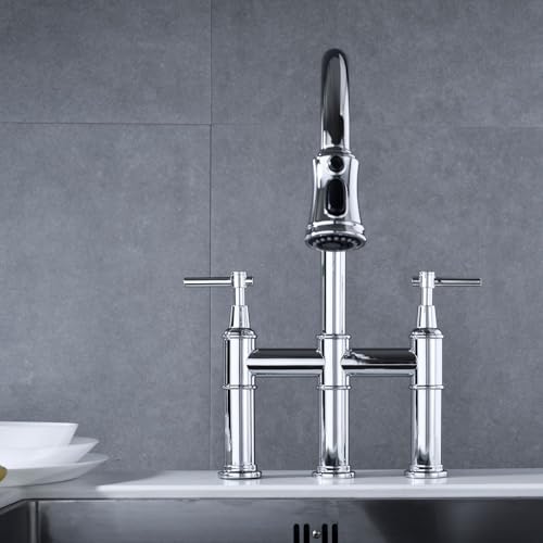 Robinet de cuisine Bridge pour évier central, douchette rétractable et double commande - 2