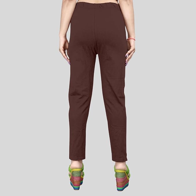 Image of Women's Solid Cotton Lycra Pants-High Waist Slim Fit Stretchable Leggings - Comfortable Long Trousers for Casual, Office & Everyday Wear