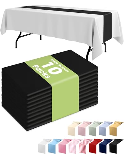 Pureegg Black Plastic Table Runners - 10 Pack, 14'' x 108'', Water Resistant & Disposable Centerpiece Decorations for Table Cloth, Wedding, Birthday, Holiday, Baby Shower, Party, Home Decor
