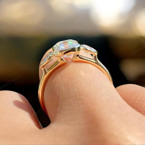 Vintage Asscher Cut Moissanite Engagement Ring for Women 3 Stone Pear Side Stones 14k Yellow Gold Bezel Set Bridal Ring Unique Art Deco Statement Jewelry Gifts3