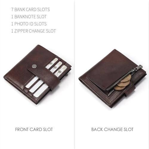 Men's brand buckle genuine leather wallet, Portable mini wallet with multiple card slots for banknotes, Zipper change slot (Coffee)4