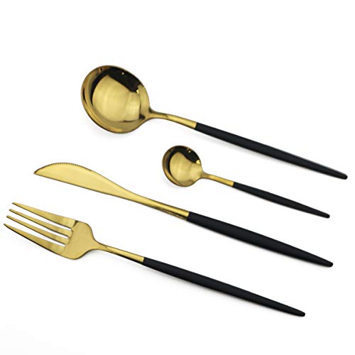 Silverware Set, Gugrida 24-Piece 304 Stainless Steel Matte Black Handle Gold Flatware Sets Including Fork Spoons Knife Tableware Reusable Utensils Mirror Polished Cutlery Utensil Set Service for 6