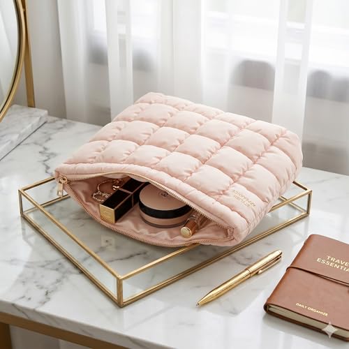 Image of Travel Makeup Pouch Set Toiletry Bag Cosmetic Organizer Bag for Women and Girls Toiletry Storage Kit Set of 3 (Pink Puffy)