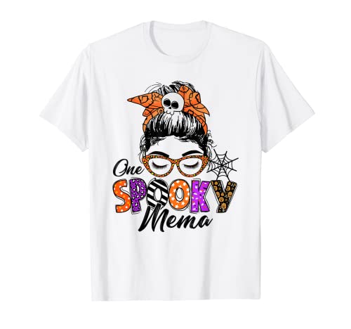 Groovy One Spooky Mema Messy Bun Women Witch Mom Halloween T-Shirt