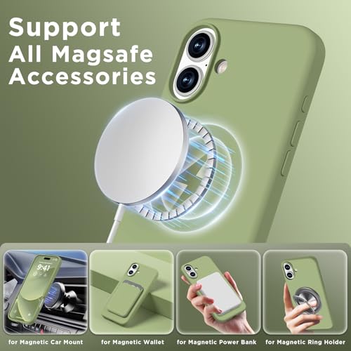 Image of Magnetic for iPhone 16 Case, Compatible with Magsafe, Suction Cup Phone Mount, [2 Screen Protectors][Camera Lens Protector] Silicone Shockproof Protective Slim Phone Cover 6.1 inch, Tea Green