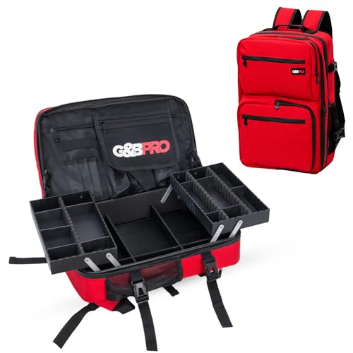 G&BPRO Mobile Workstation Backpack with Patented Extending Tray System Mid Size Travel Bag for Barber Tools Hairstylist Travel Case Makeup Artist Kit & Portable Organizer Red