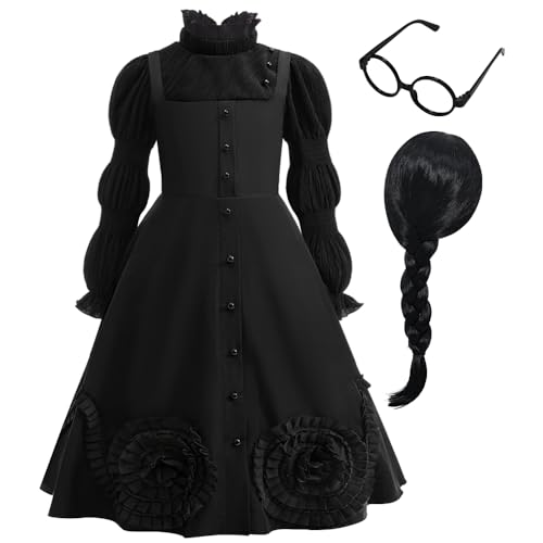 Btonai Witch Costume for Girl, Kids Halloween Witch Costume Dress with Wig and Glasses,Birthday Party Cosplay Dress Up Outfit Black