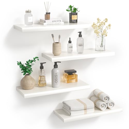 BHFOW White Floating Shelves for Wall, Invisible Wall Mounted Shelf Set of 4, White Shelves for Bathroom, Bedroom, Living Room and Kitchen Decoration Storage and Display.