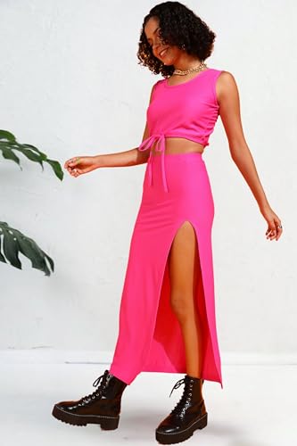 Image of POPWINGS Casual Solid Top and Skirt Co-Ord Set for Women | Stylish Western Co-Ord Set for Women | Crop Top and Long Slit Skirt Set for Women