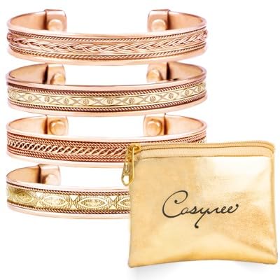 cosynee Premium Tibetan Copper Unisex Bracelets Set of 4 – 99.99% Pure Copper Cuff Bangles for Men & Women, Adjustable, Ultra Strength, Solid High Gauge Metal – Vintage Style with Gift Pouch