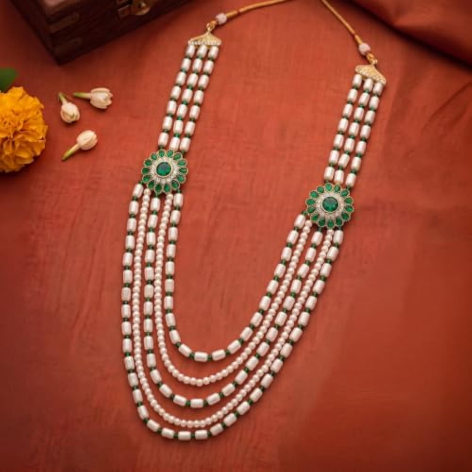 Green White Multi Layer Shervani Haar Necklace, Ethnic Men's Jewellery