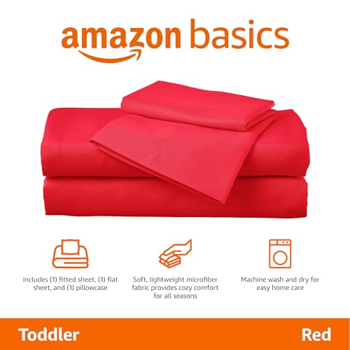Amazon Basics Kid's Soft Easy-Wash Lightweight Microfiber 3-Piece Sheet Set, Toddler, Red, Solid view 2