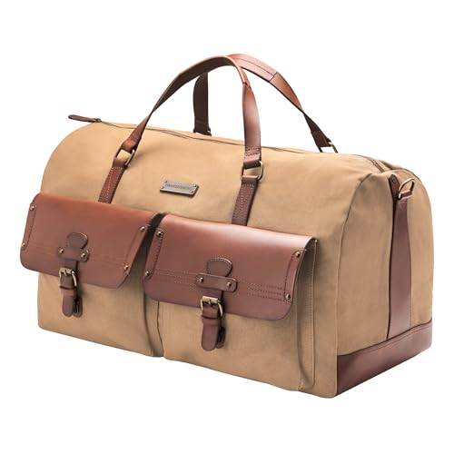 DRAKENSBERG Long Weekender - Bolso de Viaje y de Fin de Semana, Grande, en diseño de Safari Vintage, Mujer y Hombres, Hecha a Mano, 60 L, Lona y Cuero, Caqui Beige, marrón, DR00104