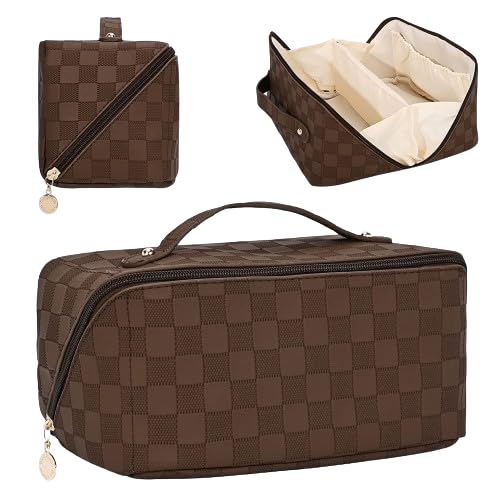 ZENOVISTA Luxury Large Capacity Travel Cosmetic Makeup Bag I Checkered Leather Makeup Bag Organizer Women Portable Toiletry Bag (Browan)-picture-18