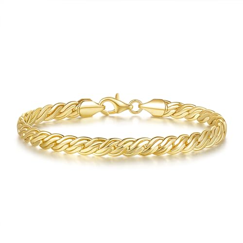 FEGER 14K Gold Double-Row Braid Chain Bracelet for Men and Women Non-Tarnish Bracelets with Lobster Clasp Available in 5 Sizes (6.5''-8.5'')
